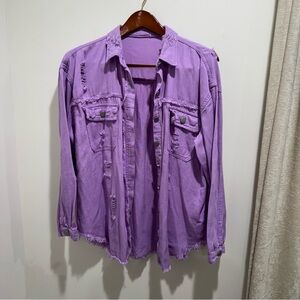Lavender Distressed Shacket Jacket • Size L • Frayed Hem • Oversized Fit